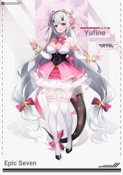 Rule 34 | 1girl, absurdly long hair, absurdres, black footwear, blush, bow, breasts, character name, cleavage, copyright name, detached sleeves, epic seven, grey hair, hair bow, high heels, highres, horns, large breasts, long hair, long sleeves, looking at viewer, open mouth, pink bow, pink nails, red eyes, shuvi (shuvi1125), smile, tail, tail bow, tail ornament, teeth, thighhighs, upper teeth only, very long hair, white thighhighs, yufine (epic seven)