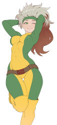Rule 34 | 1girl, absurdres, animification, belt, bodysuit, boots, breasts, brown hair, cheshirrr, closed mouth, commission, covered navel, green eyes, green headband, headband, highres, leg up, long hair, long sleeves, looking at viewer, marvel, medium breasts, multicolored hair, one eye closed, rogue (x-men), shiny clothes, simple background, skin tight, smile, solo, thigh boots, white background, white hair, x-men, yellow footwear