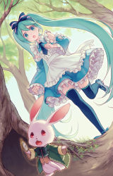 Rule 34 | 1girl, alice (alice in wonderland), alice (alice in wonderland) (cosplay), alice in wonderland, aqua eyes, aqua hair, blue dress, bow, bowtie, rabbit, choke (amamarin), commentary, cosplay, detached sleeves, dress, dutch angle, hair ribbon, hatsune miku, hatsune miku graphy collection, long hair, open mouth, outdoors, pocket watch, red eyes, ribbon, running, thighhighs, tree, twintails, very long hair, vocaloid, watch, white rabbit (alice in wonderland)