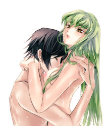 Rule 34 | 1boy, 1girl, between breasts, black hair, breasts, c.c., closed eyes, code geass, completely nude, covered mouth, eyebrows, from side, green hair, hair between eyes, hand on another&#039;s shoulder, head between breasts, hetero, hug, implied sex, kiss, kissing breast, lelouch vi britannia, long hair, medium breasts, meimi k, nipples, nude, parted lips, simple background, sweat, upper body, white background, yellow eyes