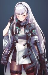 1girl absurdres ak-alfa ak-alfa_(girls&#039;_frontline) assault_rifle black_background black_gloves black_pantyhose closed_eyes closed_mouth cs_(connectedskyy) earrings girls&#039;_frontline girls&#039;_frontline_2:_exilium gloves gun highres holding holding_gun holding_weapon jewelry long_hair pantyhose partially_fingerless_gloves rifle simple_background single_earring smile solo tololo_(girls&#039;_frontline_2) weapon white_hair