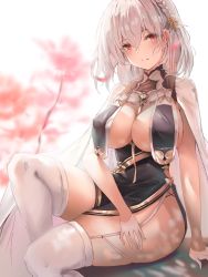 Rule 34 | 1girl, arm support, azur lane, blush, braid, breasts, cherry blossoms, china dress, chinese clothes, dress, french braid, garter straps, highres, large breasts, liaowen, looking at viewer, official alternate costume, parted lips, pelvic curtain, red eyes, revealing clothes, see-through, see-through sleeves, short hair, silver hair, sirius (azur lane), sirius (azure horizons) (azur lane), skindentation, solo, thighhighs, white thighhighs