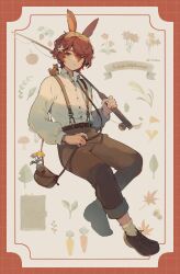 1boy absurdres animal animal_on_shoulder apple artist_name autumn_leaves bag belt bishounen book border borrowed_character brown_bag brown_belt brown_footwear brown_hair brown_pants buttons capri_pants carrot collared_shirt commission commissioner_name fishing_rod floral_background flower food foot_dangle fruit full_body ginkgo_leaf hair_flower hair_ornament highres holding holding_fishing_rod inset_border invisible_chair leaf long_sleeves looking_to_the_side male_focus mushroom original ornate_border over_shoulder pants parted_lips rabbit_boy ribbed_socks second-party_source shirt shoes short_hair shoulder_bag sitting socks solo squirrel strawberry surround_sara_udon suspenders three_quarter_view white_flower white_shirt white_socks wing_collar