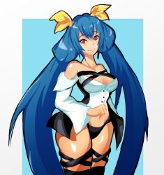 Rule 34 | 1girl, arc system works, blue hair, blush, breasts, cleavage, dizzy (guilty gear), guilty gear, guilty gear xrd, hair ribbon, highres, large breasts, long hair, medium breasts, midriff, crop top, navel, panties, red eyes, ribbon, smile, solo, sqigly, thick thighs, thigh strap, thighhighs, thighs, twintails, underwear