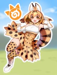 Rule 34 | 10s, 1girl, animal ears, armpits, bad id, bad twitter id, bare shoulders, blonde hair, bow, breasts, commentary request, elbow gloves, full body, gloves, highres, japari symbol, kemono friends, looking at viewer, masami chie, medium breasts, open mouth, print bow, print gloves, print skirt, print thighhighs, serval (kemono friends), short hair, simple background, skirt, sleeveless, smile, solo, tail, thighhighs, yellow eyes, zettai ryouiki