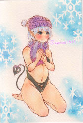 Rule 34 | 1girl, bare shoulders, barefoot, blue eyes, blue hair, blush, breasts, closed mouth, full body, highres, laevatein (tail), navel, original, own hands together, pointy ears, purple headwear, purple scarf, scarf, shin1ar24, small breasts, snowflake background, solo, tail, traditional media, watercolor pencil (medium)