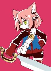 Rule 34 | 1girl, 7th dragon, 7th dragon (series), animal ear fluff, animal ears, belt, belt buckle, bike shorts, black shorts, blue jacket, buckle, cat ears, closed mouth, fighter (7th dragon), gloves, green eyes, hair between eyes, hair bobbles, hair ornament, hand on own hip, harukara (7th dragon), highres, holding, holding sword, holding weapon, jacket, long sleeves, looking away, looking to the side, naga u, one side up, pink background, pink hair, red gloves, short shorts, shorts, simple background, solo, sword, v-shaped eyebrows, weapon, white belt