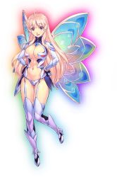 Rule 34 | 1girl, bodysuit, boots, breasts, christia (sennen sensou aigis), cleavage, fairy, fairy wings, female focus, full body, hands on own hips, large breasts, looking at viewer, multicolored clothes, official art, panties, pink hair, red eyes, sennen sensou aigis, smile, solo, thigh boots, thighhighs, transparent background, uchiu kazuma, underwear, wings
