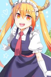 Rule 34 | 1girl, blonde hair, blue background, blush, breasts, dragon girl, dragon horns, gloves, gradient hair, highres, horns, joy kim, kobayashi-san chi no maidragon, large breasts, large tail, long hair, looking at viewer, maid, maid headdress, multicolored hair, necktie, open mouth, signature, slit pupils, smile, solo, tail, tohru (maidragon), twintails, white gloves