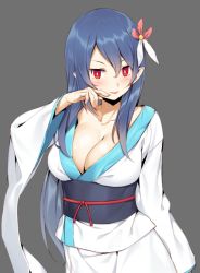 Rule 34 | 1girl, blue hair, blush, breasts, character request, cleavage, collarbone, commentary request, copyright request, fingernails, flower, hair flower, hair ornament, hair ribbon, highres, large breasts, long fingernails, long hair, looking at viewer, mikazuchi zeus, red eyes, ribbon, smile, solo, tongue, tongue out, white ribbon
