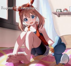 Rule 34 | 1girl, barefoot, bike shorts, bike shorts under shorts, blue eyes, blush, bow hairband, brown hair, collarbone, coma (light825), commentary request, commission, creatures (company), curtains, feet, game freak, gen 3 pokemon, hairband, highres, indoors, legs, may (pokemon), mudkip, nintendo, on bed, open mouth, pixiv commission, poke ball, poke ball (basic), pokemon, pokemon (creature), pokemon oras, shelf, shirt, shorts, sitting, sleeveless, sleeveless shirt, soles, teeth, toes, tongue, window