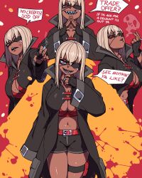Rule 34 | 1girl, absurdres, anger vein, aniwars, belt, black coat, black gloves, black shorts, breasts, cigarette, cleavage, coat, commentary, dark-skinned female, dark skin, english commentary, english text, evil smile, eyepatch, fingerless gloves, gloves, highres, holding, holding cigarette, large breasts, light brown hair, long sleeves, medium hair, meme, midriff, mole, mole on breast, mole on stomach, mouth hold, multiple views, navel, open clothes, open coat, ponaners, pouch, red background, red eyes, scar, scar on face, sharp teeth, shopkeeper (aniwars), short shorts, shorts, sleeves past fingers, sleeves past wrists, smile, smoke, smoking, speech bubble, steepled fingers, teeth, thigh pouch, trade offer (meme), v-shaped eyebrows, wide sleeves, yellow background