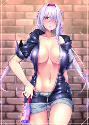Rule 34 | 1girl, areola slip, azur lane, bottle, breasts, breasts apart, collarbone, colorado (azur lane), commentary request, crossed bangs, eyes visible through hair, floating hair, hair over one eye, hairband, head tilt, highres, holding, holding bottle, large breasts, long hair, looking at viewer, miso tanuki, navel, no bra, off shoulder, parted lips, red eyes, red hairband, short shorts, shorts, silver hair, single bare shoulder, solo, sweat, unzipped, very long hair, zipper