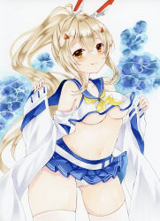 Rule 34 | 1girl, armpit crease, asebi, ayanami (azur lane), azur lane, belt, blonde hair, blue sailor collar, blue skirt, blush, breasts, cameltoe, closed mouth, commentary request, crop top, crossed bangs, detached sleeves, hair between eyes, high ponytail, highres, long hair, long sleeves, medium breasts, microskirt, navel, neckerchief, panties, pleated skirt, sailor collar, sidelocks, skirt, sleeves past wrists, smile, solo, stomach, thighhighs, thighs, traditional media, underboob, underwear, very long hair, white belt, white panties, white thighhighs, wide sleeves, yellow eyes, yellow neckerchief