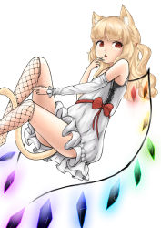 Rule 34 | 1girl, absurdres, alternate costume, animal ears, blonde hair, cat ears, cat tail, chestnut mouth, crystal, detached sleeves, dress, fishnets, flandre scarlet, highres, kneehighs, long hair, no headwear, no headwear, one side up, red eyes, short dress, simple background, slit pupils, socks, solo, tail, touhou, user gape3888, white background, white dress, wings