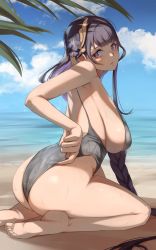 Rule 34 | 1girl, ass, bare shoulders, barefoot, black hair, black one-piece swimsuit, blunt bangs, braid, breasts, genshin impact, hair ornament, hairpin, highres, huge ass, huge breasts, kasseus maximus, kneeling, long hair, looking back, multicolored hair, ocean, one-piece swimsuit, purple eyes, purple hair, raiden shogun, shiny clothes, shiny skin, sideboob, single braid, skindentation, solo, swimsuit, thick thighs, thighs, very long hair, wet, wet clothes, wet hair