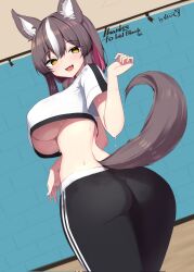 Rule 34 | 1girl, animal ear fluff, animal ears, ass, black pants, breasts, brown hair, chisaka airi, commission, crop top, fang, highres, large breasts, looking at viewer, multicolored hair, nai (cnoadi8), open mouth, pants, phase connect, pink hair, second-party source, shirt, skin fang, solo, streaked hair, sweat, tail, underboob, virtual youtuber, white hair, white shirt, wolf ears, wolf girl, wolf tail, yellow eyes, yoga pants