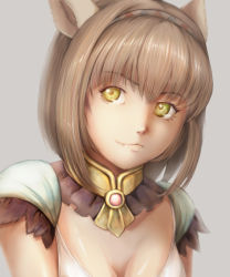 Rule 34 | 00s, 123 (tyamaguch), 1girl, animal ears, breasts, brown hair, cat ears, cleavage, fangs, final fantasy, final fantasy xi, hairband, looking away, mithra (ff11), portrait, short hair, solo, square enix, tyamaguch, yellow eyes