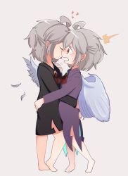 Rule 34 | 2girls, ahoge, bare shoulders, barefoot, brooch, buna shimeji (keymush), commentary, closed eyes, feathered wings, from side, grey hair, grey wings, hand on another&#039;s ass, heart, jewelry, kishin sagume, long sleeves, looking at another, medium hair, multiple girls, one eye closed, open mouth, red eyes, selfcest, single wing, sweat, tearing up, tongue, tongue out, touhou, white wings, wings, yuri