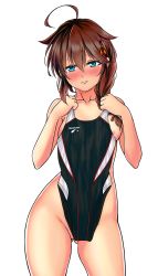 Rule 34 | 1girl, absurdres, ahoge, aiuti, areola slip, bare arms, bare legs, black one-piece swimsuit, blue eyes, blush, braid, breasts, breasts apart, brown hair, clothes in front, clothes writing, collarbone, competition swimsuit, contrapposto, convenient censoring, covering privates, cowboy shot, embarrassed, gluteal fold, hair between eyes, hair flaps, hair ornament, half-closed eyes, head tilt, highleg, highleg leotard, highleg swimsuit, highres, holding, holding clothes, holding swimsuit, kantai collection, leotard, looking at viewer, medium breasts, nipples, nose blush, nude, nude cover, one-piece swimsuit, parted lips, pussy, pussy peek, shigure (kancolle), shigure kai ni (kancolle), simple background, single braid, small breasts, solo, standing, swimsuit, thighs, unworn swimsuit, upper body, white background