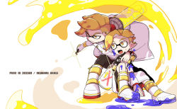 Rule 34 | 2boys, arm around neck, arm grab, artist name, black pants, black shorts, blonde hair, boots, closed mouth, coat, commentary request, earrings, emperor (splatoon), foreshortening, frown, holding, holding weapon, ink tank (splatoon), inkling, inkling boy, inkling player character, inumaru akagi, jewelry, long sleeves, looking at another, male focus, multiple boys, nintendo, open mouth, paint splatter, pants, pixiv id, pointy ears, prince (splatoon), protecting, short hair, shorts, sitting, sparkle, splat dualies (splatoon), splatoon (manga), splatoon (series), standing, sweatdrop, weapon, white coat, white footwear, yellow eyes