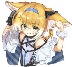 Rule 34 | &gt;:), 1girl, animal ear fluff, animal ears, arknights, arms up, bare shoulders, black gloves, blonde hair, blouse, blush, braid, braided hair rings, closed mouth, commentary request, cropped torso, flexing, fox ears, gloves, hair between eyes, hair rings, infection monitor (arknights), manarou, material growth, multicolored hair, oripathy lesion (arknights), shirt, sidelocks, simple background, single glove, smile, solo, sparkle, suzuran (arknights), twin braids, two-tone hair, upper body, v-shaped eyebrows, white background, white hair, white shirt, yellow eyes