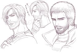 Rule 34 | 2boys, alternate facial hair, bara, beard stubble, chris redfield, cropped shoulders, facial hair, from side, greyscale, highres, kdk13 (bio kadoki13), leon s. kennedy, light frown, looking at viewer, male focus, mature male, monochrome, multiple boys, resident evil, resident evil 6, short hair, sideburns, sigh, stroking beard, stubble, thick eyebrows