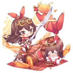 Rule 34 | 1girl, :q, amber (genshin impact), baron bunny (genshin impact), breasts, brown eyes, brown gloves, brown hair, carrot, chibi, cleavage, commentary request, food, full body, genshin impact, gloves, goggles, goggles on head, hair between eyes, hairband, highres, holding, holding knife, iran stn, knife, long hair, outrider&#039;s champion steak! (genshin impact), sidelocks, simple background, slime (genshin impact), standing, steak, stuffed animal, stuffed rabbit, stuffed toy, thighhighs, tongue, tongue out, white background, zettai ryouiki