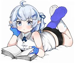 Rule 34 | 1girl, ass, blue eyes, blue hair, blue ribbon, blush, book, feet, female focus, fingerless gloves, gloves, highres, looking at viewer, lying, menthako, on stomach, original, pointy ears, ribbon, ribbon hair, shorts, soles, solo, the pose, toes