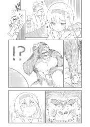 Rule 34 | !?, 1girl, animal, comic, commentary request, door, gorilla, greyscale, hairband, heart, highres, komeiji satori, miniskirt, monochrome, saryuu (iriomote), scared, shaded face, shirt, short hair, sigh, silent comic, skirt, sleeves past fingers, sleeves past wrists, solo, sweat, third eye, touhou, trembling
