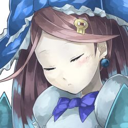 Rule 34 | 1girl, blue bow, blush, bow, closed eyes, earrings, frilled bow, frills, hair bow, hair ornament, hairclip, jewelry, long hair, mosamune, puffy sleeves, purple hair, puzzle &amp; dragons, simple background, snow white (p&amp;d), solo, upper body, white background