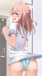 Rule 34 | 1girl, @ @, absurdres, aqua panties, ass, band (skymole01), blush, clenched hand, clothes pull, embarrassed, female focus, flustered, from behind, furrowed brow, hands up, highres, inui sajuna, long hair, looking at viewer, looking back, no pants, nose blush, open mouth, panties, pink eyes, pink hair, pulling another&#039;s clothes, shirt, shirt pull, solo, sono bisque doll wa koi wo suru, striped clothes, striped panties, t-shirt, tears, teeth, underwear, upper teeth only, white shirt
