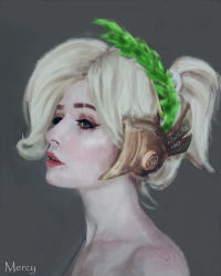 Rule 34 | 1girl, artist name, blonde hair, blue eyes, character name, close-up, collarbone, eyebrows, eyelashes, eyeliner, eyeshadow, freckles, grey background, hair up, head wreath, headpiece, highres, laurel crown, lips, makeup, mercy (overwatch), nier mira, nose, overwatch, overwatch 1, painting (action), pale skin, parted lips, ponytail, portrait, profile, realistic, red lips, short hair, short ponytail, signature, simple background, solo, teeth, upper teeth only, winged victory mercy
