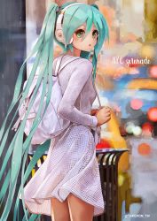 Rule 34 | 1girl, :o, alternate costume, aqua eyes, aqua hair, backpack, bad id, bad pixiv id, bag, blurry, blurry background, blush, breasts, car, casual, city, feet out of frame, from behind, hair between eyes, hair tie, hatsune miku, headphones, highres, long hair, long sleeves, looking at viewer, looking back, medium skirt, motor vehicle, open mouth, outdoors, see-through, shirt, skirt, small breasts, solo, standing, takepon1123, trash can, twintails, twitter username, very long hair, vocaloid, white shirt, white skirt