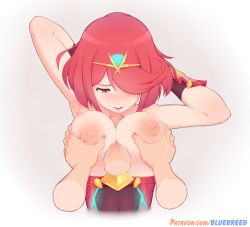 Rule 34 | 1girl, absurdres, bluebreed, blush, grabbing another&#039;s breast, breasts, breasts out, grabbing, highres, large breasts, nintendo, nipples, parted lips, pyra (xenoblade), red eyes, red hair, smile, uncensored, upper body, xenoblade chronicles (series), xenoblade chronicles 2