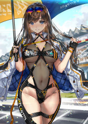 Rule 34 | 1girl, black gloves, bodysuit, breasts, brown hair, collarbone, covered navel, cowboy shot, eyewear on head, fingerless gloves, gloves, highres, holding, holding umbrella, jacket, large breasts, leotard, long hair, looking at viewer, open clothes, open jacket, original, parasol, parted lips, race queen, ran&#039;ou (tamago no kimi), see-through, see-through leotard, skin tight, smile, solo, sunglasses, teeth, umbrella, white jacket