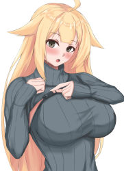 Rule 34 | 1girl, absurdres, ahoge, blonde hair, blush, breasts, brown eyes, girls&#039; frontline, grey sweater, hair flaps, highres, large breasts, long hair, long sleeves, looking at viewer, m1918 (girls&#039; frontline), open mouth, scourer 14, sidelocks, simple background, solo, sweater, white background