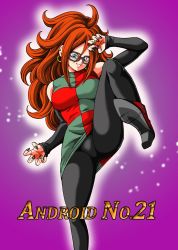 Rule 34 | 1girl, android 21, breasts, dragon ball, dragon ball fighterz, dress, female focus, glasses, highres, large breasts, legs up, long hair, looking at viewer, simple background, smile, toriyama akira (style), young jijii
