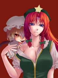 Rule 34 | 2girls, beret, blonde hair, blue eyes, braid, breasts, cleavage, embodiment of scarlet devil, fang, female focus, flandre scarlet, hair ribbon, hat, hong meiling, large breasts, long hair, multiple girls, open mouth, red background, red eyes, red hair, ribbon, ryuushou, short hair, simple background, smile, star (symbol), tongue, touhou, twin braids, upper body, vampire, wings