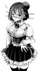 Rule 34 | 1girl, alternate costume, beret, blush, breasts, brooch, corset, dress, embarrassed, from above, greyscale, hair between eyes, hair ornament, hairclip, hand on own hip, hat, hat ribbon, headgear, jewelry, kantai collection, long sleeves, looking at viewer, looking up, maya (kancolle), maya kai ni (kancolle), medium breasts, medium hair, mini hat, monochrome, nakasone haiji, necklace, ribbon, shirt, solo, thighhighs, white shirt, x hair ornament