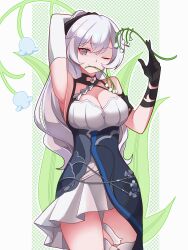 Rule 34 | 1girl, absurdres, armpits, bare shoulders, black gloves, breasts, bronya zaychik, bronya zaychik (silverwing: n-ex), cleavage, dress, floral background, flower, flower in mouth, gloves, grey eyes, grey hair, hair between eyes, highres, holding, holding flower, honkai (series), honkai impact 3rd, large breasts, long hair, looking at viewer, one eye closed, single sleeve, solo, thighs, two-tone dress, unique-blueberry, very long hair