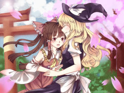 Rule 34 | 2girls, ^ ^, bare shoulders, bow, brown hair, cherry blossoms, crying, crying with eyes open, detached sleeves, artistic error, closed eyes, grin, hair bow, hair tubes, hakurei reimu, hat, height difference, imminent hug, kirisame marisa, kiyuumax, large bow, long hair, multiple girls, puffy short sleeves, puffy sleeves, red eyes, sarashi, short sleeves, skirt, skirt set, smile, straight hair, tears, torii, touhou, wavy hair, witch hat, yuri