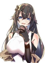 Rule 34 | 1girl, absurdres, arm warmers, bad id, bad twitter id, bare shoulders, blue eyes, breasts, e sky rugo, finger to own chin, girls&#039; frontline, gloves, hair flaps, highres, large breasts, long hair, mole, mole under eye, open mouth, sidelocks, sleeveless, smile, solo, super sass (girls&#039; frontline), super sass (mod3) (girls&#039; frontline), very long hair