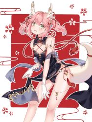 Rule 34 | 1girl, azur lane, bare legs, bare shoulders, black panties, blush, breasts, cleavage, clothes lift, cowboy shot, detached collar, dragon horns, dragon tail, dress, dress lift, embarrassed, fang, flower, gloves, green eyes, hair ornament, hair ribbon, highres, horns, medium hair, o-ring, o-ring bottom, o-ring panties, open mouth, panties, pantyshot, patterned background, pelvic curtain, pelvic curtain lift, pink hair, ribbon, ryuujou (azur lane), sash, skin fang, sleeveless, small breasts, solo, standing, tail, tassel, tears, twintails, underwear, wavy mouth, white gloves, yozora (33968397)