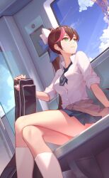 Rule 34 | 1girl, bow, breasts, brown hair, collared shirt, crazy ones, from below, green eyes, guitar case, hair bow, highres, instrument case, medium breasts, miniskirt, official art, pleated skirt, school uniform, shirt, sitting, skirt, socks, solo, su xiaoye, white bow, white shirt, white socks