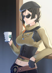 Rule 34 | 1girl, bad id, bad pixiv id, belt, beret, black eyes, black hair, breasts, coco adel, coffee cup, corset, cup, disposable cup, dyun, earrings, fingerless gloves, gloves, half gloves, hat, highres, jewelry, large breasts, looking at viewer, looking over eyewear, looking over glasses, midriff, navel, rwby, scarf, short hair, smile, solo, sunglasses, sunlight, tinted eyewear