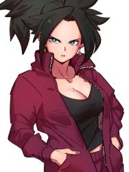 Rule 34 | 1girl, black hair, black tank top, blue eyes, breasts, cleavage, collarbone, dragon ball, dragon ball super, earrings, fingernails, hands in pockets, jacket, jewelry, kefla (dragon ball), kemachiku, looking at viewer, medium breasts, open clothes, open jacket, ponytail, potara earrings, red jacket, short hair, simple background, solo, tank top, white background