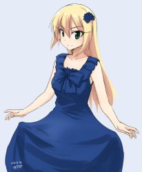 Rule 34 | 1girl, alternate costume, blonde hair, blue dress, bow, collarbone, curtsey, dated, dress, flower, formal, green eyes, hair flower, hair ornament, heinrike prinzessin zu sayn-wittgenstein, highres, long hair, looking at viewer, makaze (t-junction), noble witches, signature, simple background, sketch, sleeveless, sleeveless dress, smile, solo, strike witches, white background, world witches series