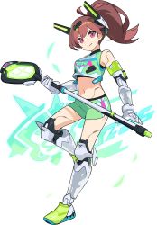 Rule 34 | 1girl, android, antenna hair, artist request, bare shoulders, bike shorts, bike shorts under shorts, breasts, brown hair, closed mouth, crop top, doll joints, female focus, full body, glowing, green footwear, green shirt, green shorts, hair ornament, hand up, happy, headgear, highres, holding, joints, lacrosse, lacrosse stick, leg up, long hair, looking at viewer, mechanical arms, mechanical legs, medium breasts, middie (world flipper), midriff, non-web source, official art, pink eyes, ponytail, shirt, shoes, short shorts, shorts, side slit, sidelocks, sleeveless, sleeveless shirt, smile, solo, sports bra, standing, standing on one leg, transparent, transparent background, v-shaped eyebrows, world flipper