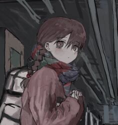 Rule 34 | 1girl, backpack, bag, braid, brown eyes, brown hair, brutal vap, closed mouth, commentary request, from side, highres, light blush, long hair, long sleeves, looking at viewer, looking to the side, madotsuki, multicolored clothes, multicolored scarf, raised eyebrows, red sweater, scarf, solo, sweater, train station platform, upper body, yume nikki